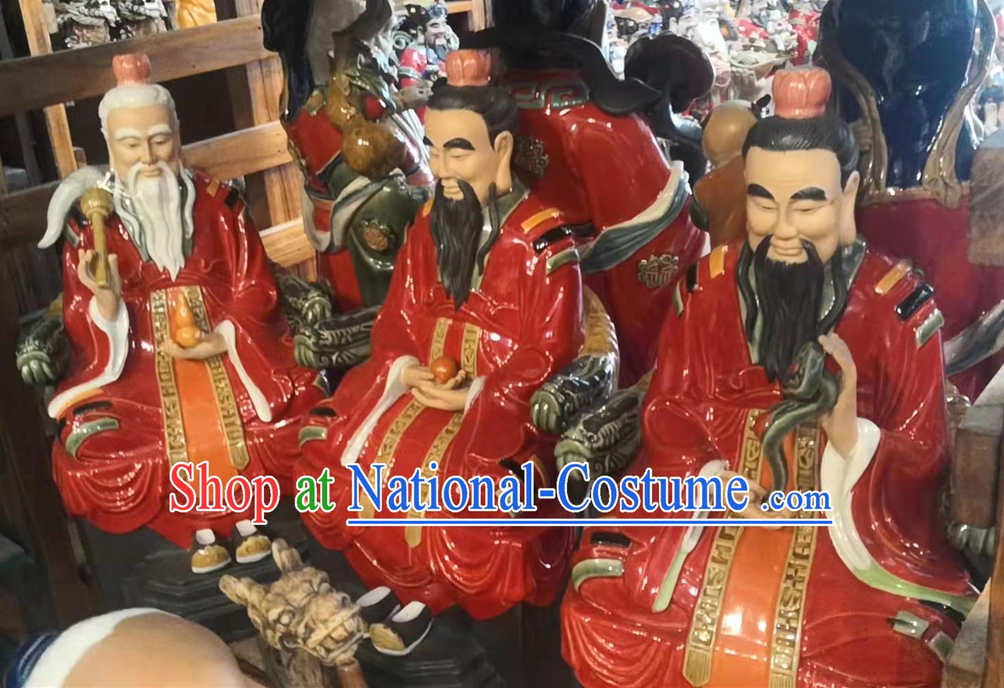 Chinese Shi Wan Ceramic Three Gods Figurine San Qing Porcelain Statues Handmade Arts