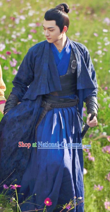 China Romance Drama The Blessed Girl Yuan Yi Costumes Traditional Swordsman Clothing Ancient King Blue Garments