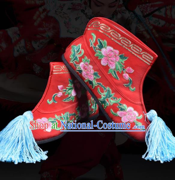 Chinese Traditional Opera Shoes Beijing Opera Wudan Embroidered Boots Swordswoman Embroidery Peony Red Boots