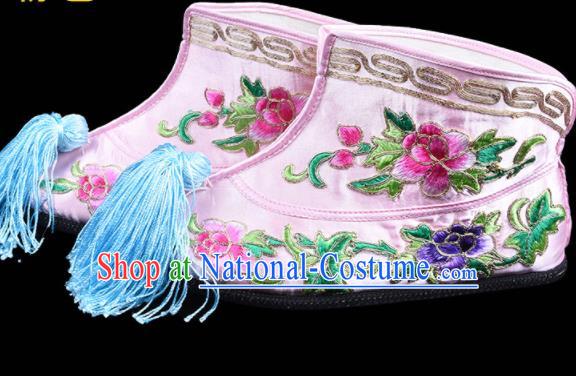 Chinese Swordswoman Embroidery Peony Pink Boots Traditional Opera Shoes Beijing Opera Wudan Embroidered Boots