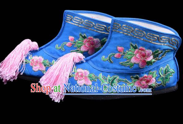 Chinese Beijing Opera Wudan Embroidered Boots Swordswoman Embroidery Peony Boots Traditional Opera Deep Blue Shoes