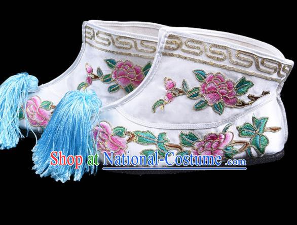 Chinese Traditional Opera White Shoes Beijing Opera Wudan Embroidered Boots Swordswoman Embroidery Peony Boots