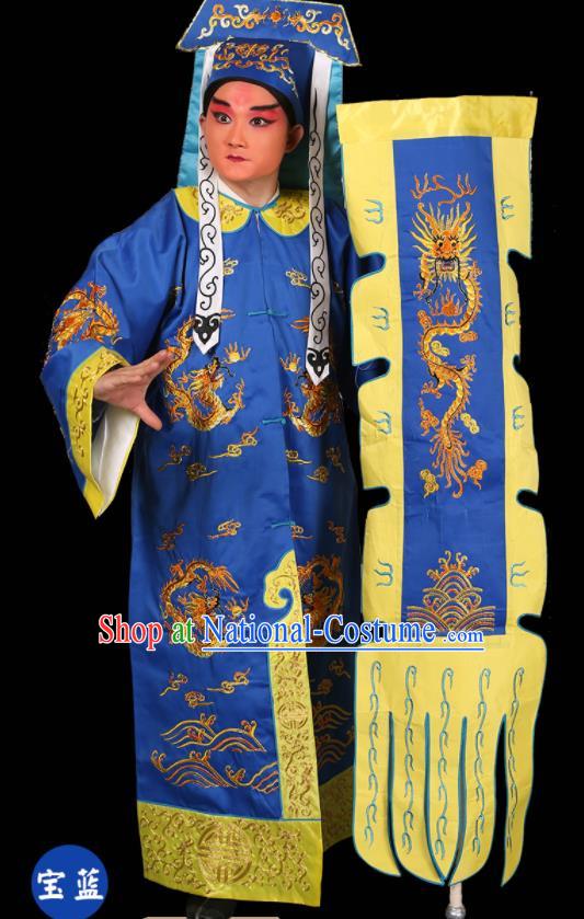 China Traditional Opera Soldier Clothing Beijing Opera Swordsman Costume Peking Opera Wusheng Blue Garments and Headdress