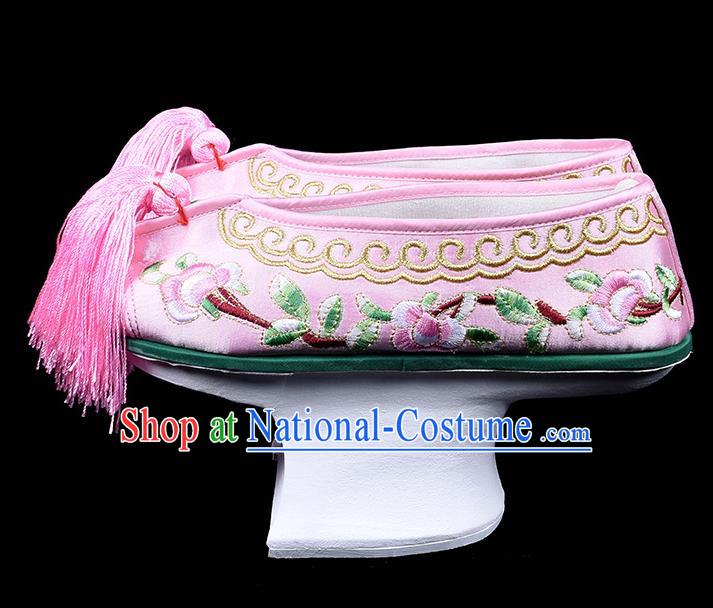 Chinese Traditional Opera Pink Satin Shoes Beijing Opera Hua Tan Embroidered Shoes Qing Dynasty Princess Embroidery Shoes