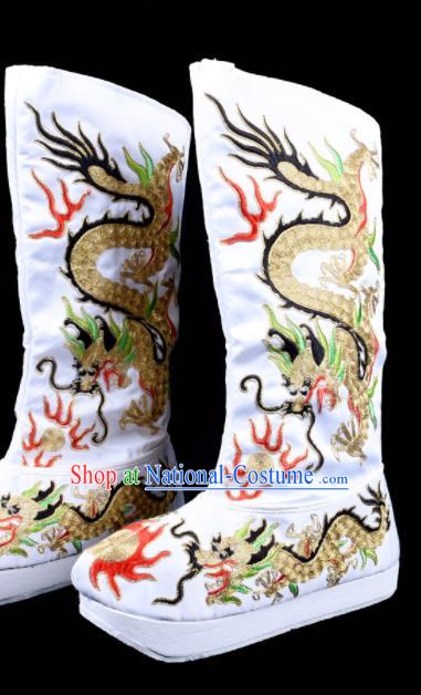 Chinese Traditional Bian Lian Dragon Boots Beijing Opera White Embroidered Boots Sichuan Opera Face Changing Embroidery Shoes