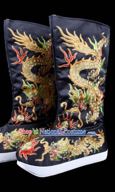 Chinese Sichuan Opera Face Changing Embroidery Shoes Traditional Bian Lian Dragon Boots Beijing Opera Black Embroidered Boots