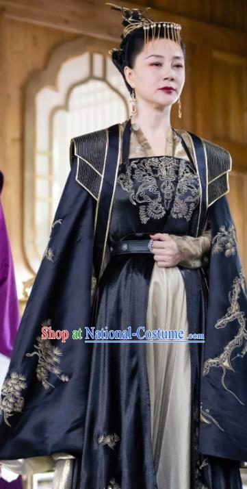 China Traditional Navy Hanfu Dress Drama The Romance of Tiger and Rose Clothing Ancient Queen Garment Costumes and Headdress