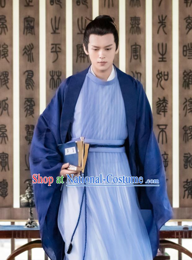 China Ancient Scholar Garment Costumes Traditional Blue Hanfu Robe Drama The Romance of Tiger and Rose Pei Heng Clothing