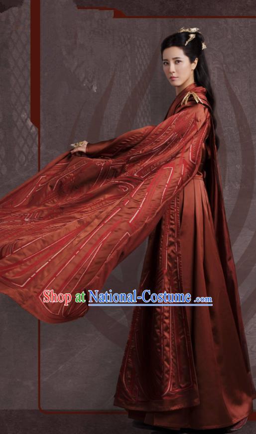 China Ancient Swordswoman Rust Red Garments Romance Drama The Blessed Girl Fei Tian Costumes Traditional Female General Clothing Complete Set