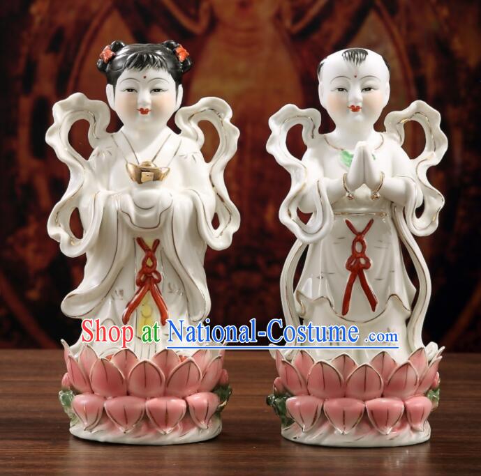 20 inches Chinese Handmade Dragon Girl and Golden Boy Porcelain Statues White Ceramic Long Nv Hong Hai Er Craft