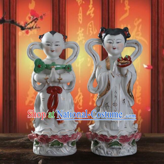 18 inches Chinese White Ceramic Long Nv Hong Hai Er Craft Handmade Dragon Girl and Golden Boy Porcelain Statues