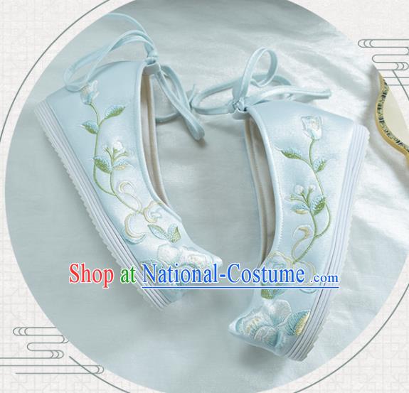 China Traditional Hanfu Bow Shoes National Women Cloth Shoes Embroidered Light Blue Shoes