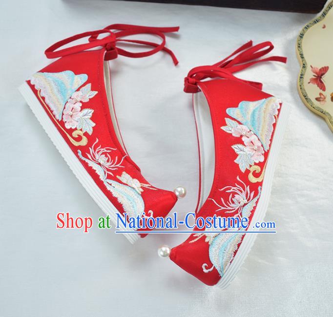 China Traditional Ming Dynasty Hanfu Shoes Ancient Princess Shoes National Wedding Red Embroidered Shoes