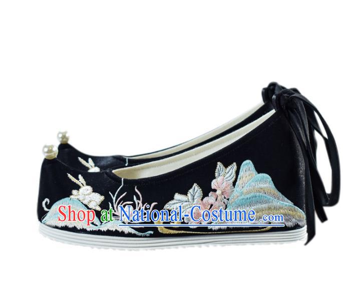 China Ancient Princess Shoes National Black Embroidered Shoes Traditional Ming Dynasty Hanfu Shoes