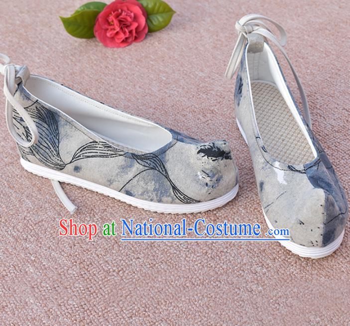 China Traditional Ming Dynasty Hanfu Bow Shoes National Grey Cloth Shoes Ancient Princess Shoes