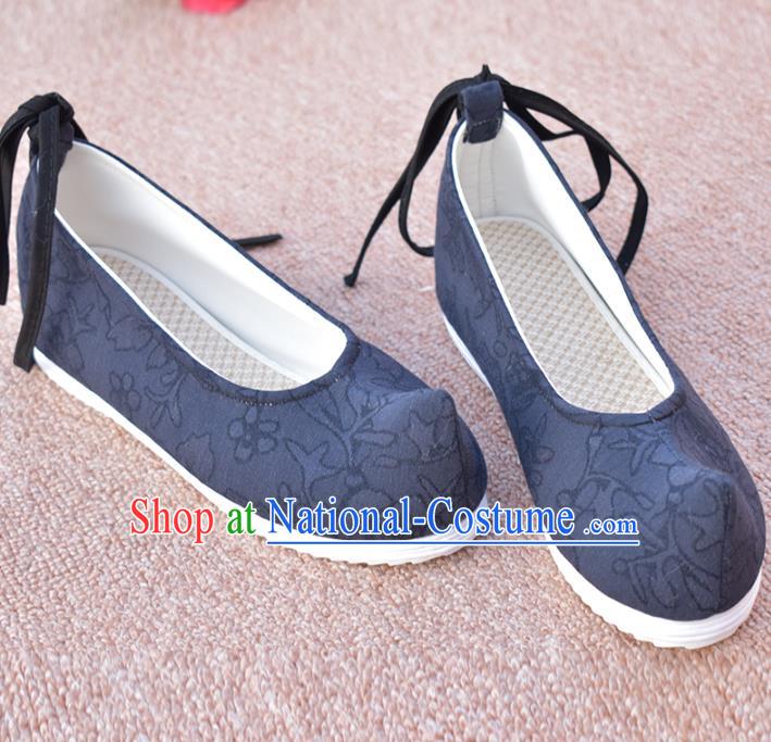 China Traditional Hanfu Shoes National Navy Blue Cloth Shoes Ancient Princess Shoes Ming Dynasty Bow Shoes