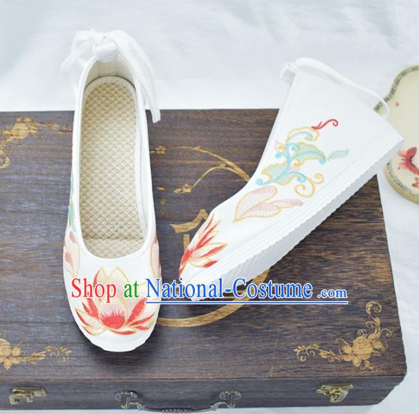 China National Embroidered Lotus Shoes White Cloth Shoes Traditional Hanfu Increased Shoes