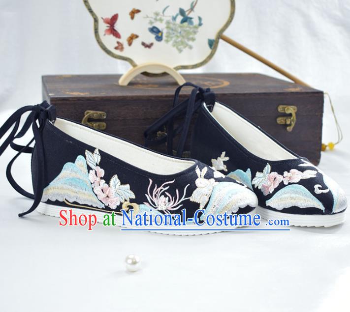 China Women Black Cloth Shoes National Spring Festival Shoes Traditional Embroidered Shoes