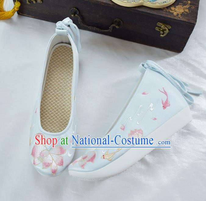 China National Lantern Festival Shoes Traditional Embroidered Lotus Shoes Women Light Blue Cloth Shoes