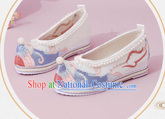 China National Shoes Classical Dance White Cloth Shoes Traditional Embroidered Pearls Shoe