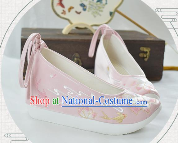 China Classical Dance Shoes Traditional Embroidered Lotus Shoe Ancient Princess Pink Cloth Shoes