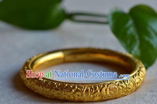 China National Carving Peony Golden Bracelet Jewelry Traditional Handmade Qing Dynasty Bangle Accessories