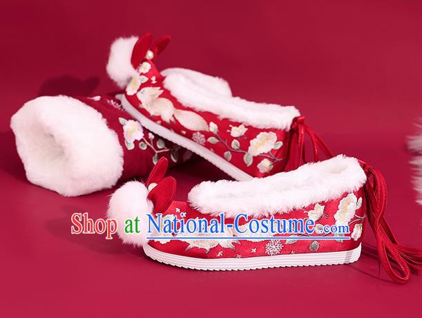 China Embroidered Squirrel Shoes Princess Shoes Traditional Rabbit Ear Shoes National Winter Red Shoes