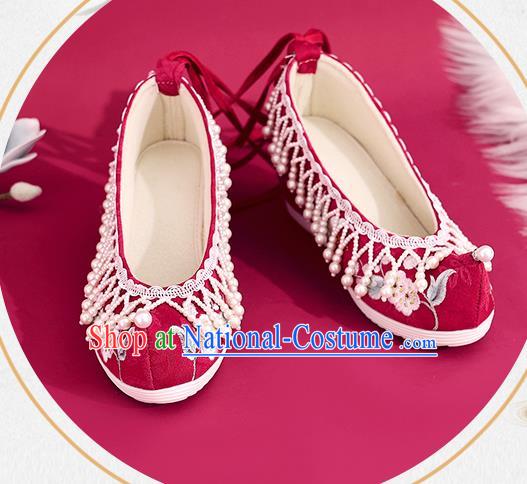 China Red Embroidered Shoes Princess Shoes Traditional Beads Tassel Shoes National Cloth Shoes