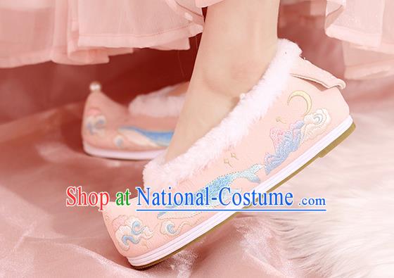 China Winter Hanfu Shoes Embroidered Shoes Ming Dynasty Princess Shoes National Pink Cloth Shoes