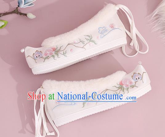 China Embroidered Peach Flowers Shoes National Winter Shoes Traditional Hanfu Princess Shoes White Cloth Shoes