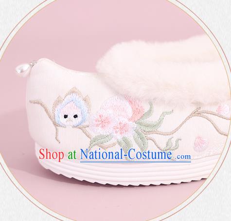 China Embroidered Peach Flowers Shoes National Winter Shoes Traditional Hanfu Princess Shoes White Cloth Shoes