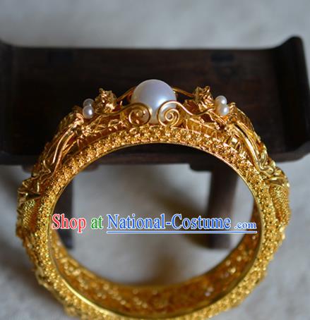 China National Filigree Golden Bracelet Jewelry Traditional Handmade Qing Dynasty Pearls Bangle Accessories