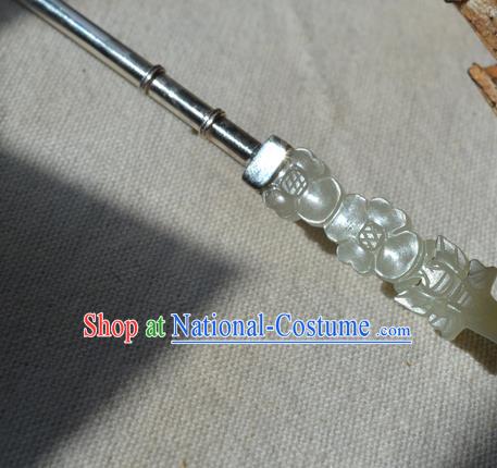 Chinese Traditional Qing Dynasty Jade Hairpin Ancient Empress Silver Hair Stick