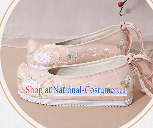 China Song Dynasty Young Lady Embroidered Shoes National Pink Cloth Shoes Traditional Hanfu Shoes