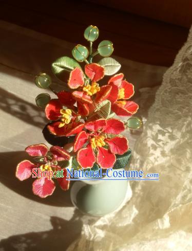 Chinese Ancient Princess Red Silk Flowers Hair Stick Traditional Hanfu Green Beads Hairpin