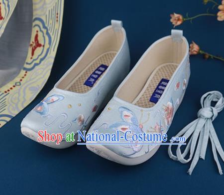 China Traditional Ming Dynasty Shoes Light Blue Shoes National Embroidered Butterfly Shoes