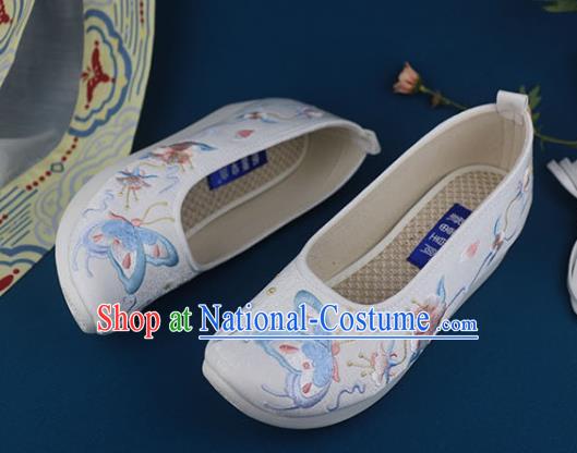 China Handmade White Cloth Shoes National Embroidered Butterfly Shoes Traditional Ming Dynasty Shoes