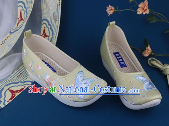 China Handmade Yellow Cloth Shoes National Embroidered Butterfly Shoes Traditional Ming Dynasty Princess Shoes