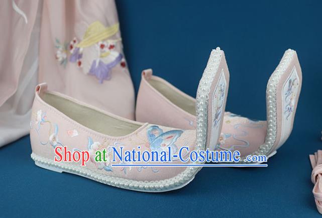 China Traditional Song Dynasty Shoes Handmade Pink Cloth Shoes Ancient Princess Embroidered Shoes