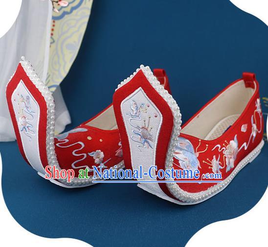 China Ancient Princess Embroidered Shoes Traditional Song Dynasty Shoes Handmade Wedding Red Cloth Shoes