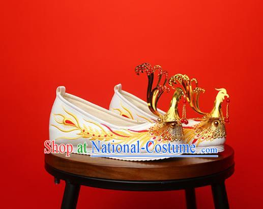 China Handmade Bride White Satin Shoes Golden Phoenix Shoes Traditional Wedding Shoes