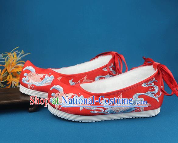 China Wedding Embroidered Red Cloth Shoes Handmade Traditional Shoes National Winter Shoes