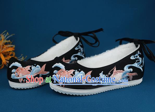 China Handmade Traditional Shoes National Winter Shoes Embroidered Fishes Black Cloth Shoes