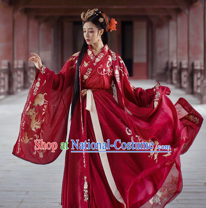 China Ancient Palace Lady Red Hanfu Dress Traditional Jin Dynasty Wedding Historical Costumes Embroidered Clothing Complete Set