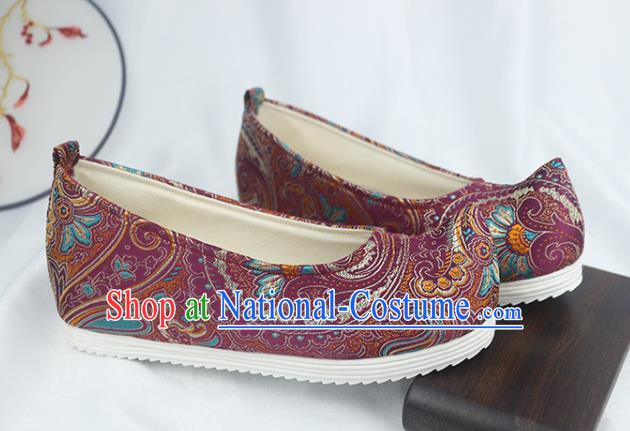 China Traditional Hanfu Bow Shoes Handmade National Purple Brocade Shoes