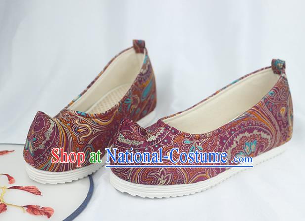 China Traditional Hanfu Bow Shoes Handmade National Purple Brocade Shoes