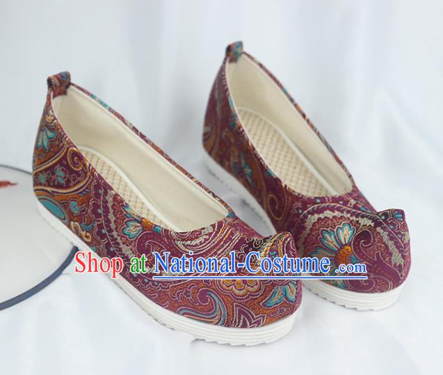 China Traditional Hanfu Bow Shoes Handmade National Purple Brocade Shoes