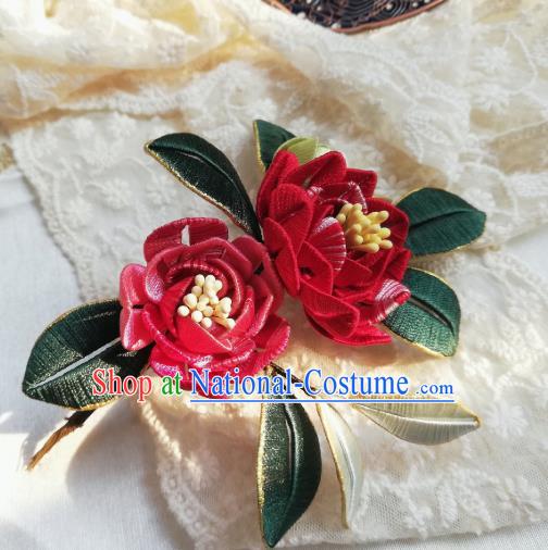 Chinese Traditional Hanfu Hair Accessories Song Dynasty Court Hairpin Ancient Princess Red Silk Camellia Hair Stick