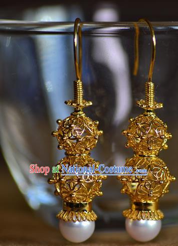 Chinese Ancient Princess Filigree Golden Gourd Ear Jewelry Traditional Ming Dynasty Pearl Earrings Accessories