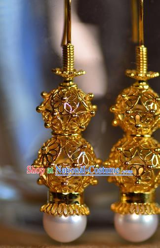 Chinese Ancient Princess Filigree Golden Gourd Ear Jewelry Traditional Ming Dynasty Pearl Earrings Accessories